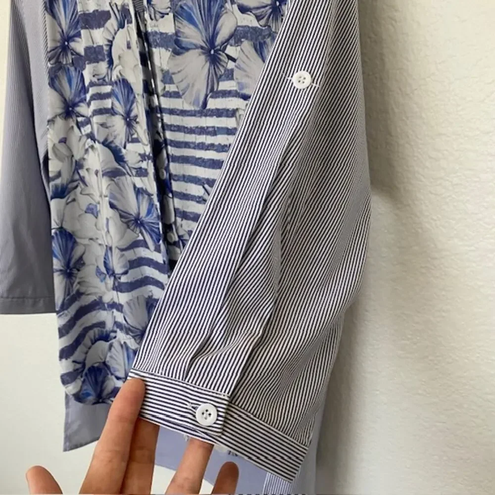 Ness Tunic Button Down Cut‎ Collar Roll Tab Sleeves Striped Floral Women's XL - Picture 7 of 13